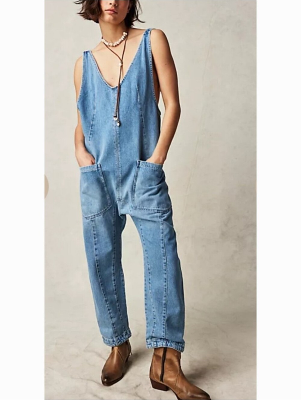 Free People We The Free High Roller Jumpsuit Overalls 100% Cotton Blue Denim
